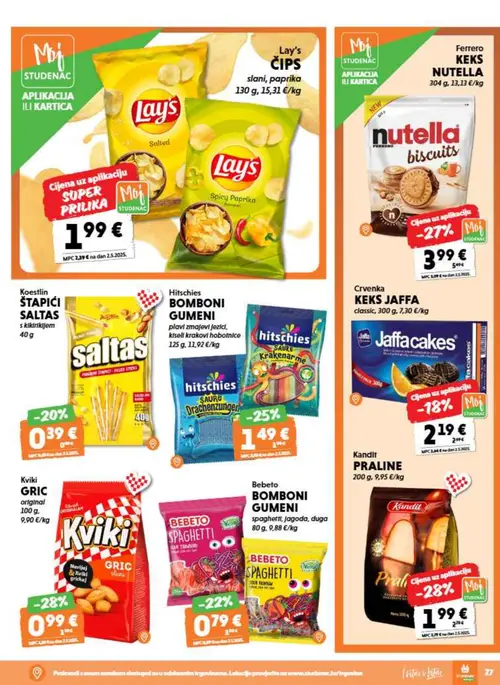 Studenac katalog — stranica 27: Kviki Gric, Kandit Praline, Ferrero Keksi Nutella, Hitschies Hitschies Bomboni gumeni plavi zmajevi jezičići (vrijedi 08. 07. 2026.–14. 07. 2026.)