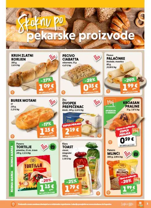 Studenac katalog — stranica 3: Moj STUDENAC KROASAN PRALINE, KRUH ZLATNI KORIJEN, PECIVO CIABATTA, Klara TOAST (vrijedi 08. 07. 2026.–14. 07. 2026.)