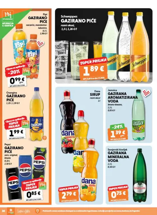 Studenac katalog — stranica 30: Pipi GAZIRANO PIĆE, Schweppes GAZIRANO PIĆE, Dana DANA SIRUP, Jamnica GAZIRANA AROMATIZIRANA VODA (vrijedi 08. 07. 2026.–14. 07. 2026.)