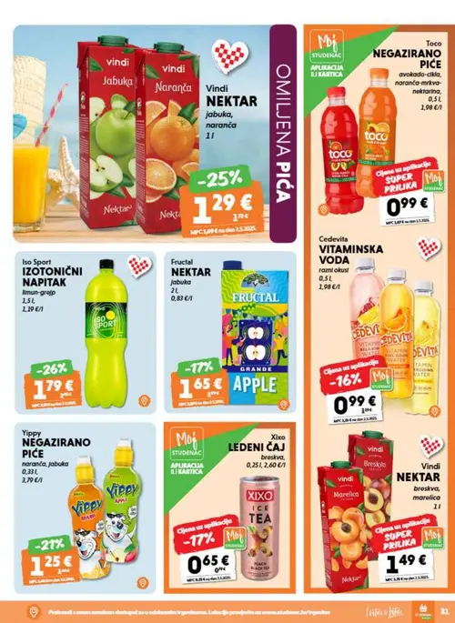 Studenac katalog — stranica 31: Vindi Vindi Nektar jabuka, naranča, Yippy Yippy Negazirano Piće, Cedevita Cedevita Vitaminska Voda, Xixo Xixo Ledeni čaj breskva (vrijedi 08. 07. 2026.–14. 07. 2026.)