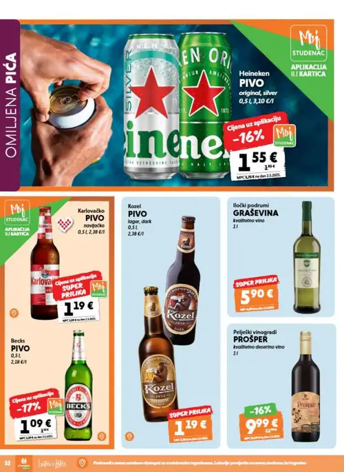 Studenac katalog — stranica 32: Pelješki vinogradi PROŠPER kvalitetno desertno vino, Heineken PIVO original, silver, Karlovačko PIVO, Kozel PIVO lager, dark (vrijedi 08. 07. 2026.–14. 07. 2026.)