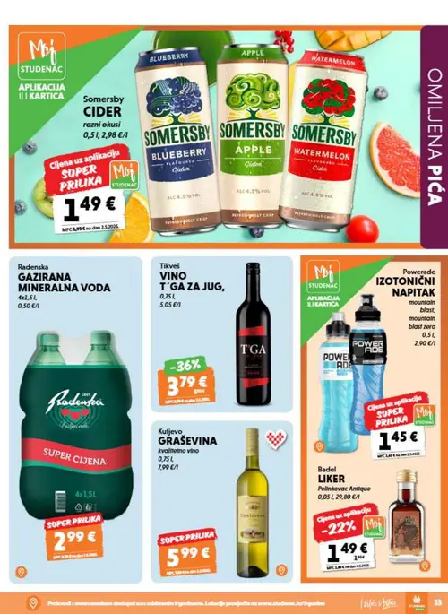 Studenac katalog — stranica 33: Badel Liker Pelinkovac Antique, Somersby Cider razni okusi, Powerade Izotonični napitak mountain blast, Radenska Gazirana mineralna voda (vrijedi 08. 07. 2026.–14. 07. 2026.)