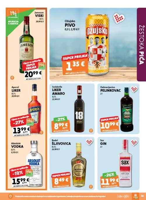 Studenac katalog — stranica 35: Aperol LIKER, Absolute VODKA, Jameson VISKI, Ožujsko PIVO (vrijedi 08. 07. 2026.–14. 07. 2026.)