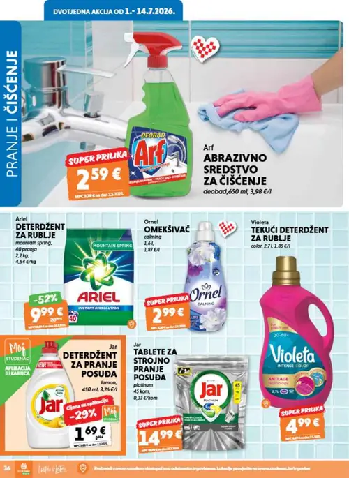 Studenac katalog — stranica 36: Ariel DETTERDŽENT ZA RUBLJE mountain spring., Jar DETTERDŽENT ZA PRANJE POSUĐA lemon,, Arf ABRAZIVNO SREDSTVO ZA ČIŠĆENJE, Ornel OMEKŠIVAČ calming (vrijedi 08. 07. 2026.–14. 07. 2026.)