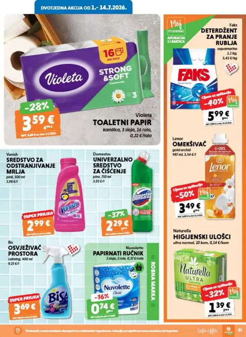 Studenac katalog — stranica 37: Lenor Lenor Osvježivač gold orchid, Faks Faks Deterdžent za pranje rublja, Domestos Domestos Univerzalno sredstvo za čišćenje, Naturella Naturella Higijenski ulošci ultra normal (vrijedi 08. 07. 2026.–14. 07. 2026.)