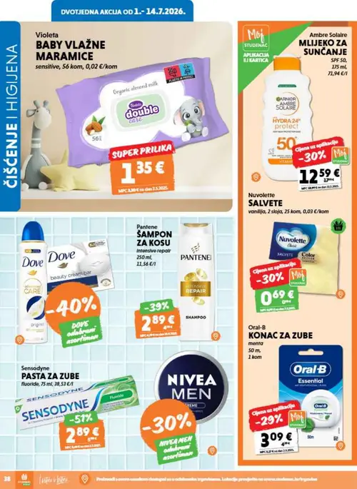Studenac katalog — stranica 38: Ambre Solaire MLIJEKO ZA SUNČANJE SPF 50, Oral-B KONAC ZA ZUBE menta, Violeta BABY VLAŽNE MARAMICE sensitive, Nuvolette SALVETE vanilija, 2 sloja (vrijedi 08. 07. 2026.–14. 07. 2026.)