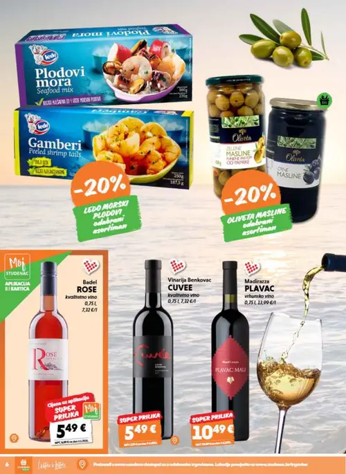 Studenac katalog — stranica 6: Ledo Plodovi mora Seafood mix, Ledo Gamberi Peeled shrimp tails, Oliveta ZELENE MASLINE punjene paštom od paprike, Oliveta CRNE MASLINE (vrijedi 08. 07. 2026.–14. 07. 2026.)