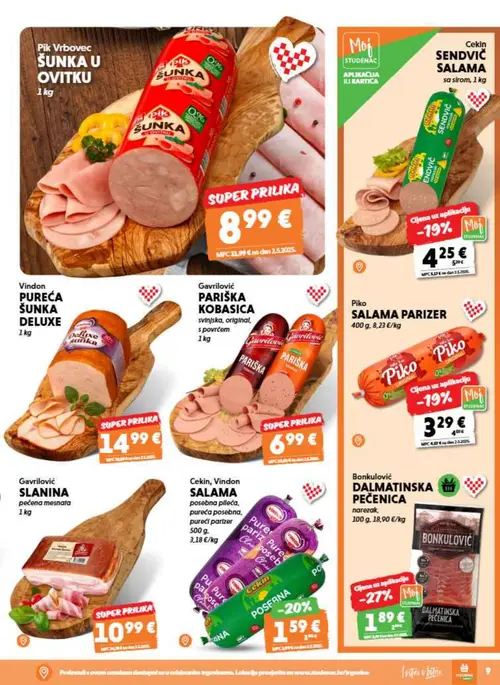 Studenac katalog — stranica 9: Bonkulović DALMATINSKA PEČENICA, Pik Vrbovec ŠUNKA U OVITKU, Cekin, Vindon SALAMA posebna pileća, pureća posebna, pureći parizer, Cekin SENDVIČ SALAMA sa sirom (vrijedi 08. 07. 2026.–14. 07. 2026.)