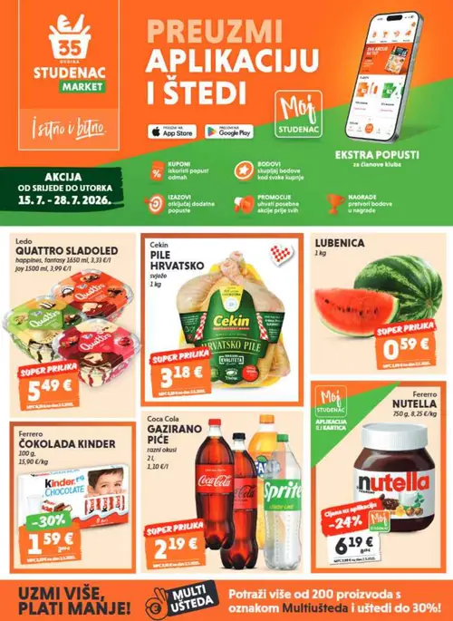 Studenac katalog — stranica 1: Ferrero NUTTELLA, Cekin PILE HRVATSKO, LUBENICA, Ferrero ČOKOLADA KINDER (vrijedi 15. 07. 2026.–28. 07. 2026.)