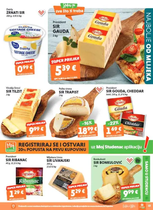 Studenac katalog — stranica 13: President President SIR GOUDA, CHEDDAR (vrijedi 15. 07. 2026.–28. 07. 2026.)