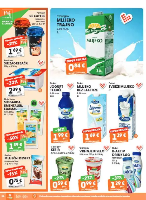 Studenac katalog — stranica 14: Moje Jutro SIR GAOUDA, EMONTALER, EDAMAC, President SIR ZAGREBAČKI, Dukat B-AKTIV DRINK LGG, 'z bregov VRHNJE KISELO (vrijedi 15. 07. 2026.–28. 07. 2026.)