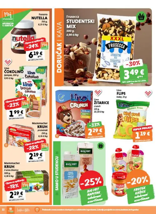 Studenac katalog — stranica 22: Lino ŽITARICE crunch, Fruscecca STUDENTSKI MIX, Maste macher KRUH proteinski, Fererro NUTRELLA (vrijedi 15. 07. 2026.–28. 07. 2026.)