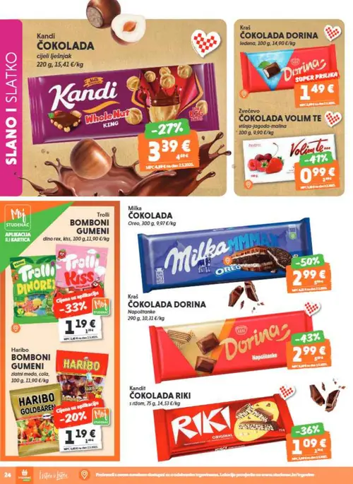 Studenac katalog — stranica 24: Milka MILKA ČOKOLADA Oreo, Dorina KRAŠ ČOKOLADA DORINA Napolitanke, Zvečevo ZVEČEVO ČOKOLADA VOLIM TE višnja-jagoda-malina, Riki KANDIT ČOKOLADA RIKI s rižom (vrijedi 15. 07. 2026.–28. 07. 2026.)