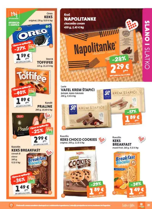Studenac katalog — stranica 27: Storck Toffifee, Koestlin Keks Breakfast cereals & choco, Koestlin Keks Breakfast muesli fruit, Kraš Napolitanke chocolate cream (vrijedi 15. 07. 2026.–28. 07. 2026.)