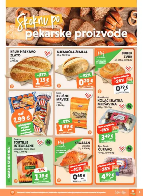 Studenac katalog — stranica 3: KRUH HRSKAVO ZLATO, NJEMAČKA ŽEMLJA, Moj STUDENAC BUREK ZVRK, QUICKBURY Hot Dog (vrijedi 15. 07. 2026.–28. 07. 2026.)