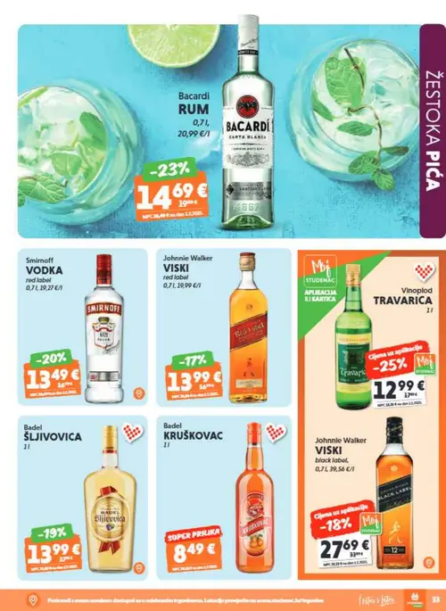 Studenac katalog — stranica 33: Vinoplod Vinoplod TRAVARICA, Bacardi Bacardi RUM Carta Blanca, Smirnoff Smirnoff VODKA red label, Badel Badel ŠLJIVOVICA (vrijedi 15. 07. 2026.–28. 07. 2026.)
