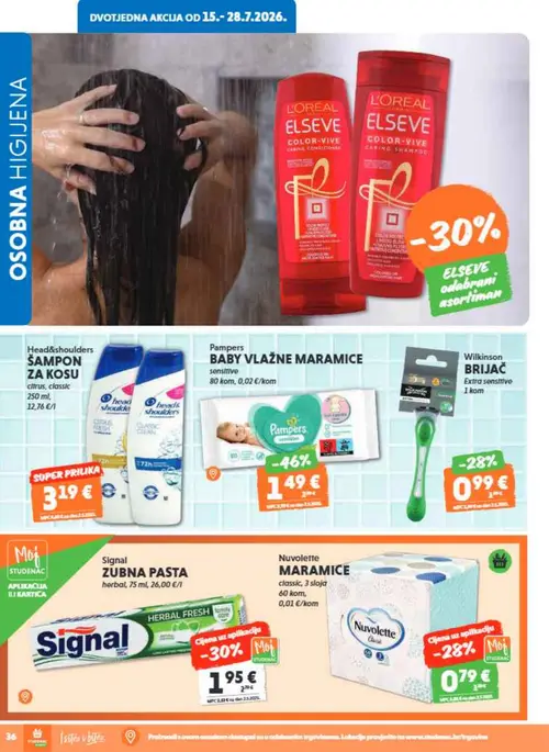 Studenac katalog — stranica 36: Pampers Pampers BABY VLAŽNE MARAMICE sensitive, Signal Signal ZUBNA PASTA herbal, Wilkinson Wilkinson BRIJAČ Extra sensitive, Nuvolette Nuvolette MARAMICE classic, 3 sloja (vrijedi 15. 07. 2026.–28. 07. 2026.)