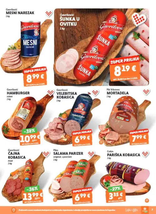 Studenac katalog — stranica 7: GAVRILOVIĆ HAMBURGER, GAVRILOVIĆ ČAJNA KOBASICA, CEKIN PARIŠKA KOBASICA, GAVRILOVIĆ MESNI NAREZAK (vrijedi 15. 07. 2026.–28. 07. 2026.)