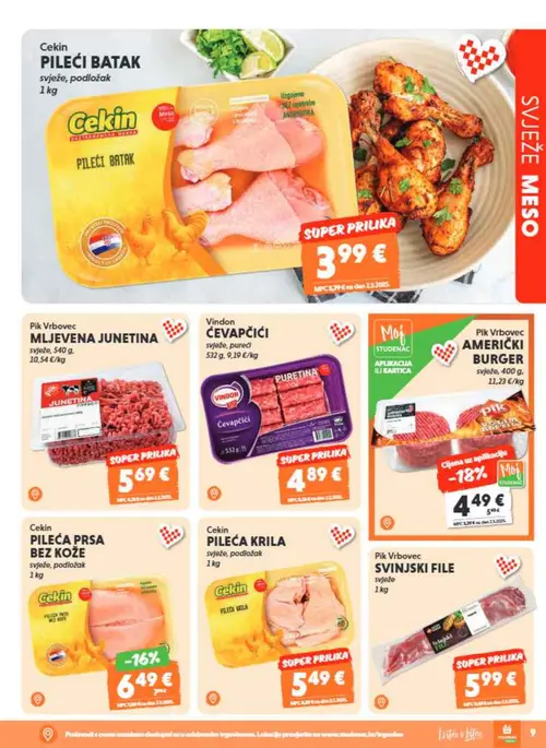 Studenac katalog — stranica 9: Pik Vrbovec Pik Vrbovec američki burger, Cekin Cekin pileći batak, Pik Vrbovec Pik Vrbovec mljevena junetina, Vindon Vindon ćevapčići (vrijedi 15. 07. 2026.–28. 07. 2026.)