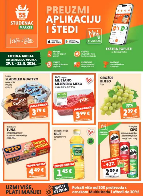 Studenac katalog — stranica 1: Pringles ČIPS, GROŽĐE BIJELO, Sunčana Polja ULJE suncokretovo, Ledo SLADOLED QUATTRO (vrijedi 29. 07. 2026.–11. 08. 2026.)