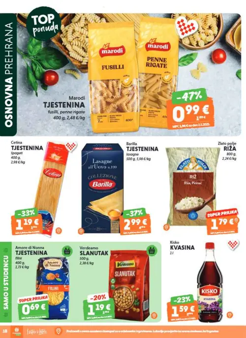 Studenac katalog — stranica 18: Marodi Tjestenina fusilli, penne rigate, Barilla Tjestenina lasagne all'Uovo n.199, Cetina Tjestenina, Kisko Kvasina (vrijedi 29. 07. 2026.–11. 08. 2026.)