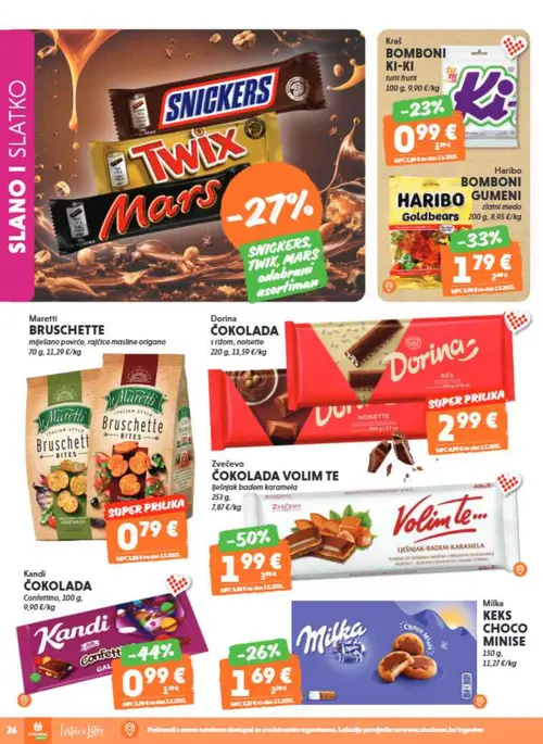 Studenac katalog — stranica 26: Zvečevo ČOKOLADA VOLIM TE, Kandi ČOKOLADA Confettino, Haribo BOMBONI GUMENI zlatni medo, Milka KEKS CHOCO MINISE (vrijedi 29. 07. 2026.–11. 08. 2026.)
