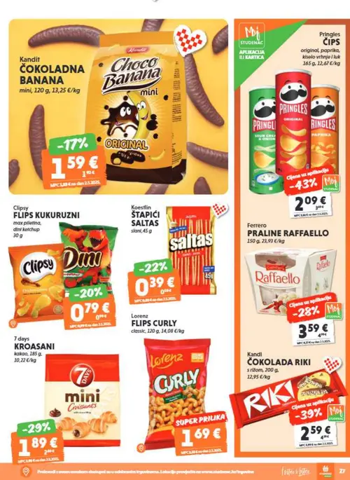 Studenac katalog — stranica 27: Pringles Pringles ČIPS original, paprika, kiselo vrhnje i luk, Kandi ČOKOLADA RIKI s rižom, Ferrero PRALINE RAFFAELLO, Koestlin ŠTAPIĆI SALTAS slani (vrijedi 29. 07. 2026.–11. 08. 2026.)