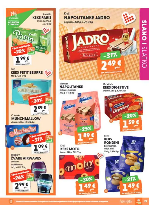 Studenac katalog — stranica 29: Crvenka MUNCHMALLOW classic, Kraš KEKS MOTO kakao, Kraš KEKS PETIT BEURRE, MB KEKS PARIS original (vrijedi 29. 07. 2026.–11. 08. 2026.)