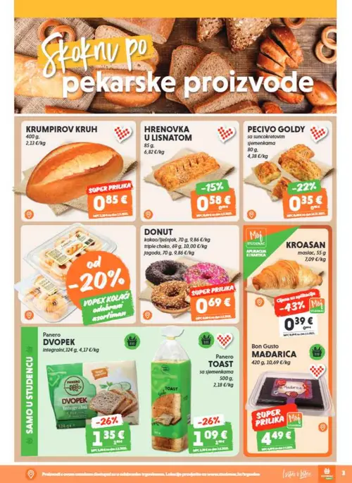 Studenac katalog — stranica 3: KRUMPIROV KRUH, HRENOVKA U LISNATOM, PECIVO GOLDY sa suncokretovim sjemenkama, Moj Studenac KROASAN maslac (vrijedi 29. 07. 2026.–11. 08. 2026.)