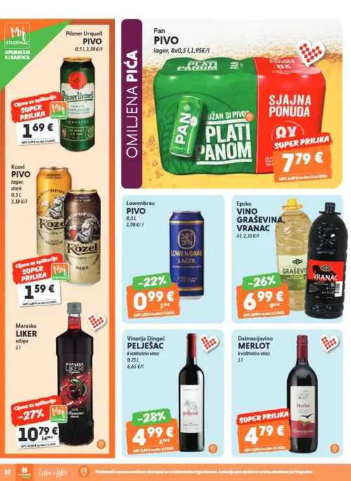 Studenac katalog — stranica 32: Pilsner Urquell PIVO, Pan Pan PIVO, Pivo, Kozel Kozel PIVO (vrijedi 29. 07. 2026.–11. 08. 2026.)