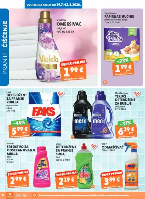 Studenac katalog — stranica 34: Likvi DETRDŽENT ZA PRANJE SUĐA fresh, Vanish SREDSTVO ZA ODSTRANJIVANJE MRLJA pink, Faks DETRDŽENT ZA PRANJE RUBLJA aquamarine, Meri Merino TEKUĆI DETERDŽENT ZA RUBLJE color, black (vrijedi 29. 07. 2026.–11. 08. 2026.)