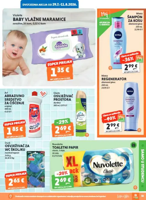 Studenac katalog — stranica 35: Arf ABRAZIVNO SREDSTVO ZA ČIŠĆENJE original, Duck OSVJEŽIVAČ ZA WC ŠKOLJKU mystical lagoon, Violeta BABY VLAŽNE MARAMICE sensitive, Nivea ŠAMPON ZA KOSU diamond gloss (vrijedi 29. 07. 2026.–11. 08. 2026.)