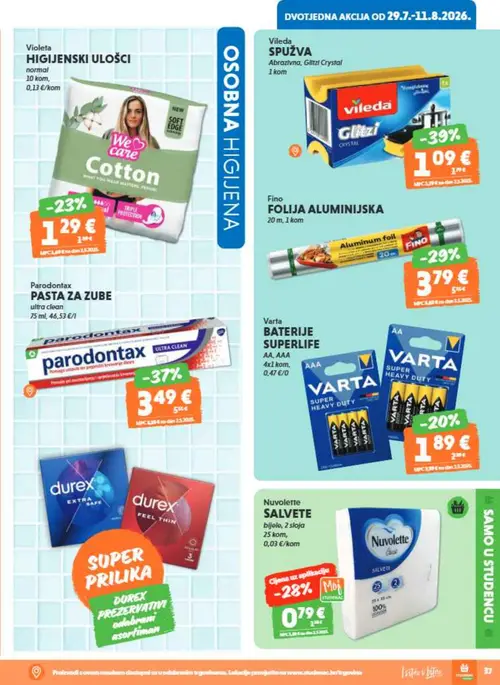 Studenac katalog — stranica 37: Violeta HIGIJENSKI ULOŠCI, Vileda SPUŽVA, Fino FOLIJA ALUMINIJSKA, Parodontax PASTA ZA ZUBE (vrijedi 29. 07. 2026.–11. 08. 2026.)