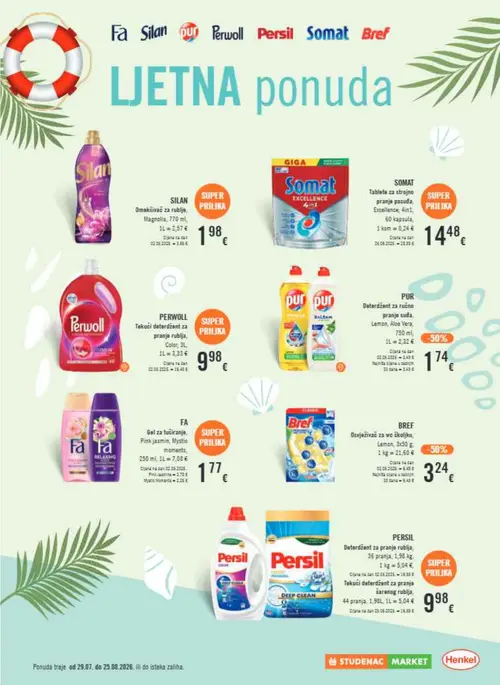 Studenac katalog — stranica 39: Bref Osvježivač za wc školjku, Lemon, PUR Deterdžent za ručno pranje suđa, Lemon, Aloe Vera, SILAN Omekšivač za rublje, Magnolia, PERWOLL Tekući deterdžent za pranje rublja, Color (vrijedi 29. 07. 2026.–11. 08. 2026.)
