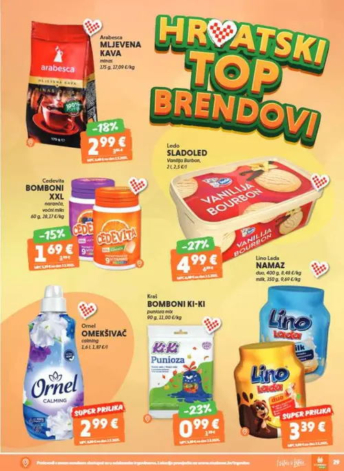 Studenac katalog — stranica 7: Ledo Ledo sladoled vanilija Bourbon, Kraš Bomboni Ki-Ki punioza mix, arabesca Arabesca mljevena kava, Cedevita Cedevita bombone XXL (vrijedi 29. 07. 2026.–11. 08. 2026.)