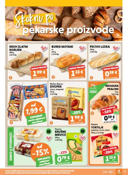 Studenac katalog — stranica 3: KRUH ZLATNI KORIJEN, BUREK MOTANI sir, PECIVO LIZIKA, Sandwich (vrijedi 12. 08. 2026.–25. 08. 2026.)