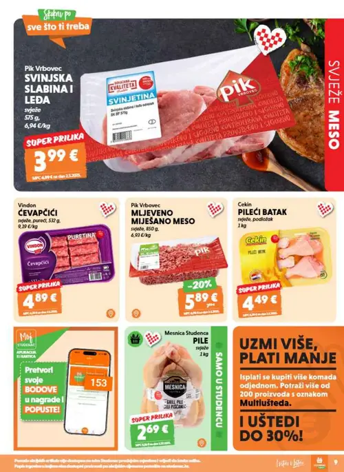 Studenac katalog — stranica 9: Pik Vrbovec Svinjska slabina i leđa, Vindon Čevapčiči, Pik Vrbovec Mljeno miješano meso, Cekin Pileći batak (vrijedi 12. 08. 2026.–25. 08. 2026.)