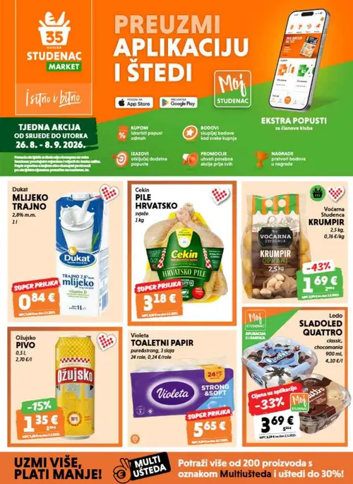 Studenac katalog — stranica 1: Voćarna Studenca KRUMPIR OPRANI, Ledo SLADOLED QUATTRO classic, chocomana, Ožujsko PIVO, Dukat MLIJEKO TRAJNO 2,8% m.m. (vrijedi 26. 08. 2026.–08. 09. 2026.)