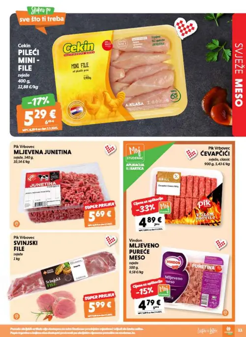 Studenac katalog — stranica 11: Pik Vrbovec ĆEVAPČIĆI, Cekin PILEĆI MINI - FILE, Vindon MLJEVENO PUREĆE MESO (vrijedi 26. 08. 2026.–08. 09. 2026.)