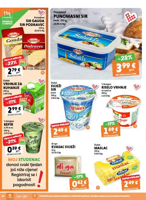 Studenac katalog — stranica 14: President PUNOMASNI SIR, President SIR GAUDA SIR PODRAVEC, 'z bregov KEFIR, KISELO VRHNHJE (vrijedi 26. 08. 2026.–08. 09. 2026.)