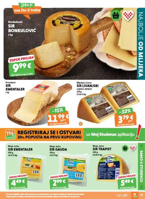 Studenac katalog — stranica 15: Mljekara Livno SIR LIVANJSKI original, dimljeni, President SIR EMENTALER (vrijedi 26. 08. 2026.–08. 09. 2026.)