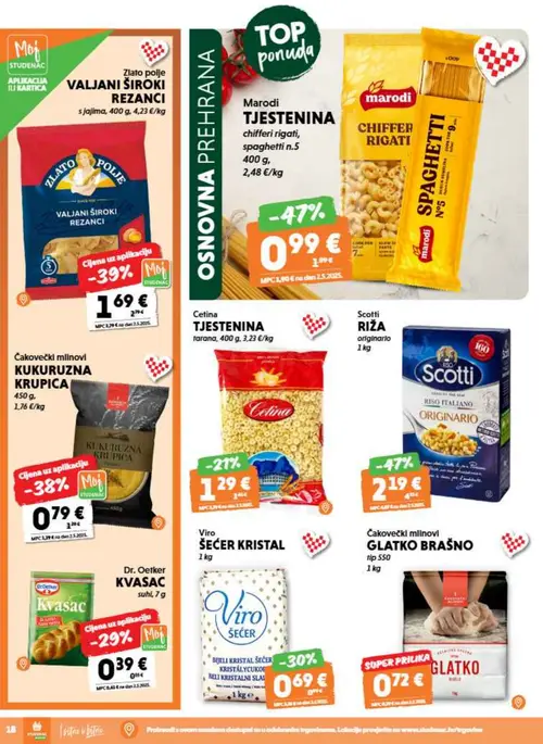 Studenac katalog — stranica 18: Marodi TJESTENINA chifferi rigati, spaghetti n.5, Scotti RIŽA originario, Zlato polje VALJANI ŠIROKI REZANCI s jajima, Čakovečki mlinovi KUKURUZNA KRUPICA (vrijedi 26. 08. 2026.–08. 09. 2026.)