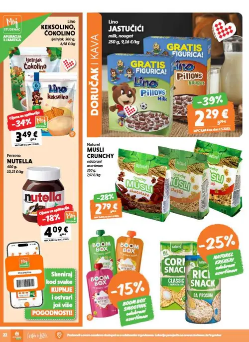 Studenac katalog — stranica 22: Lino Lino Jastučići Milk, Nougat, Lino Lino Keksolino, Čokolino, Naturel Musli Crunchy odabrani asortiman, Ferrero Nutella (vrijedi 26. 08. 2026.–08. 09. 2026.)