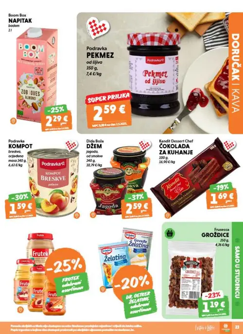 Studenac katalog — stranica 23: Fruscecca Fruscecca GROŽDICE, Boom Box NAPITAK badem, Podravka Podravka PEKMEZ od šljiva, Podravka Podravka KOMPOT breskva (vrijedi 26. 08. 2026.–08. 09. 2026.)