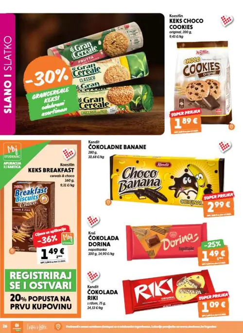 Studenac katalog — stranica 26: Koestlin KEKS BREAKFAST cereals & choco, Koestlin KEKS CHOCo COOKIES original, Kandit ČOKOLADNE BANANE, Kraš ČOKOLADA DORINA napolitanka (vrijedi 26. 08. 2026.–08. 09. 2026.)