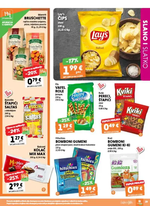 Studenac katalog — stranica 29: Flis VAFEL ROLE lješnjak, Balconi KOLAČ MIX MAX, Hitschies BOMBONI GUMENI plavi zmajevi jezičići, kiseli krakovi hobotnice, Koestlin ŠTAPIĆI SALTAS s kikirikijem (vrijedi 26. 08. 2026.–08. 09. 2026.)