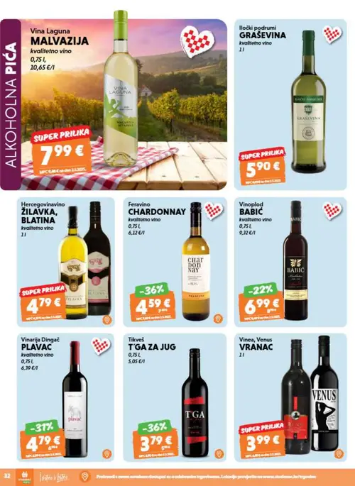 Studenac katalog — stranica 32: Vina Laguna MALVAZIJA kvalitetno vino, Iločki podrumi GRAŠEVINA kvalitetno vino, Hercegovinavin ŽILAVKA, BLATINA kvalitetno vino, Feravino CHARDONNAY kvalitetno vino (vrijedi 26. 08. 2026.–08. 09. 2026.)