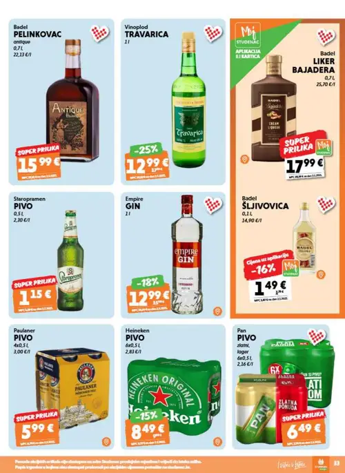 Studenac katalog — stranica 33: Vinoplod TRAVARICA, Empire GIN, Badel Pivo, Badel PELINKOVAC (vrijedi 26. 08. 2026.–08. 09. 2026.)