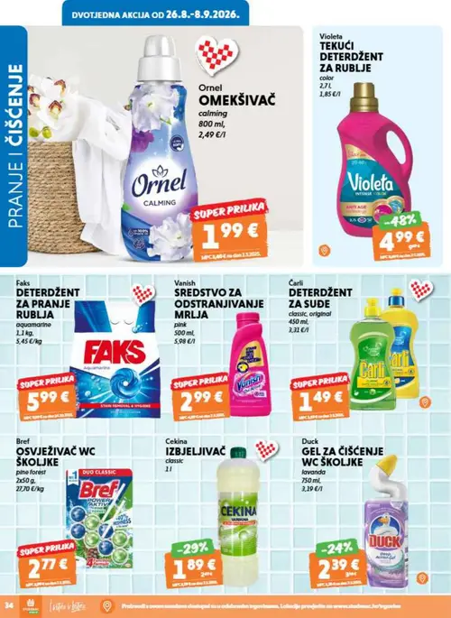 Studenac katalog — stranica 34: Ornel OMEKŠIVAČ calming, Violeta TEKUĆI DETERDŽENT ZA RUBLJE color, Faks DETRDŽENT ZA PRANJE RUBLJA aquamarine, Vanish SREDSTVO ZA ODSTRANJIVANJE MRLJA pink (vrijedi 26. 08. 2026.–08. 09. 2026.)