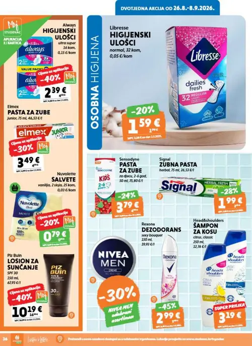 Studenac katalog — stranica 36: Rexona Rexona dezodorans sexy bouquet, Always Always Higijenski ulošci ultra super, Piz Buin Piz Buin losion za sunčanje SPF 30, Elmex Elmex pasta za zube junior (vrijedi 26. 08. 2026.–08. 09. 2026.)